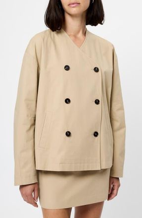 French Connection Collarless Double Breasted Cotton Twill Jacket in Khaki at Nordstrom, Size 12