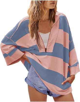 Generic Free People Womens Color Block Oversized Sweatshirt V Neck Long Sleeve Shirts Casual Loose Pullover Tops Striped Sweatshirts Y2K Tops Fall Winter Clot