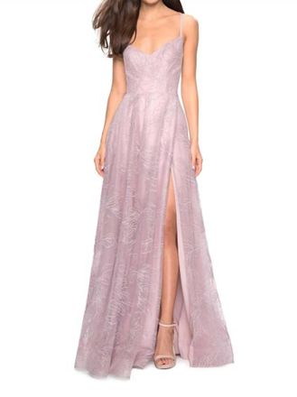 La Femme Floral 2-Strap Satin Gown In Mauve