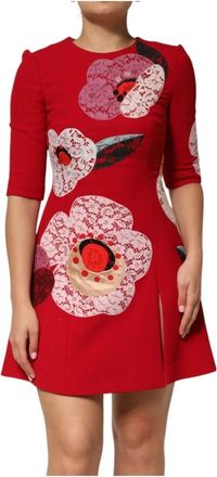 Dolce & Gabbana Rode Kant Bloemen Applicatie A-lijn Mini Jurk - Dames - Korte kleedjes - Rood - XS - Katoen - Kleedjes
