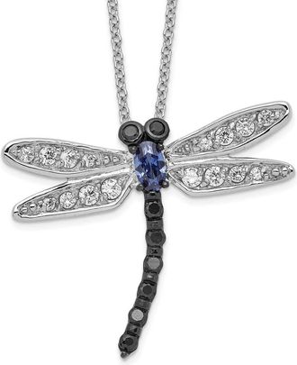 Diamond2Deal Sterling Silver Black Rhodium Accent Cubic Zirconia Dragonfly Necklace 18
