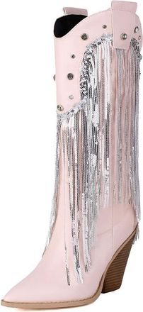 Generic Womens Pointed Toe Knee High Boots with Rhinestone Chunky High Heel Long Boot PU Leather Tassel Boots,Pink,4.5 UK