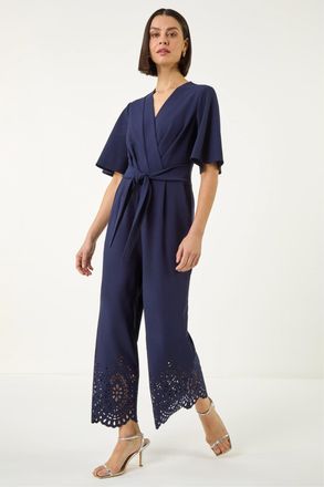 Roman Womens Laser Cut Hem Wrap Front Jumpsuit - Blue - Size 20 UK