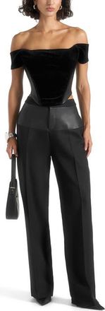 Mani&egrave;re De Voir Fae Velvet & Leather Bardot Corset Top in Black at Nordstrom, Size 12