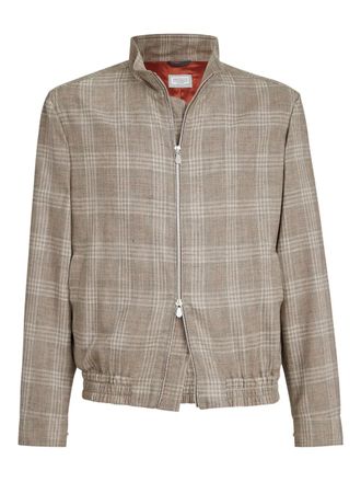 Brunello Cucinelli tartan stand collar jacket - men - Wool/Silk/Eco Linen - 62 - Neutrals