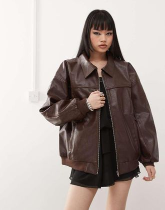 Princess Polly leather look oversized bomber jacket in washed brown
