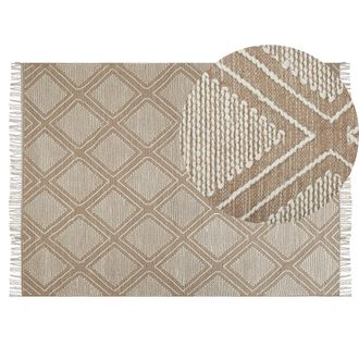Beliani Alfombra De Algod&oacute;n Beige Blanco 140 X 200 Cm Geom&eacute;trico Borlas Oriental Kacem