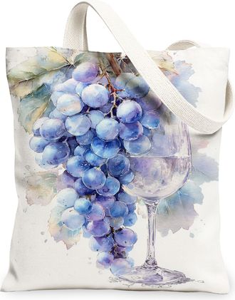 Generic Vintage Artistic Canvas Tote Bags, Grape Wine Design Reusable Grocery Bags, Lightweight Washable Shoulder Strap for Travel, Blue, 13x15 Inch