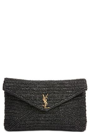 Saint Laurent Large Cassandre Raffia Envelope Clutch in Noir at Nordstrom