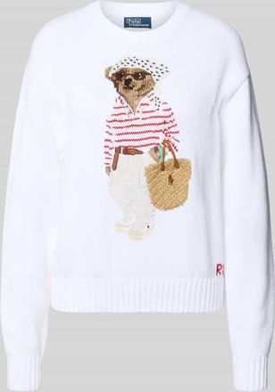 Polo Ralph Lauren Regular Fit Strickpullover aus Baumwoll-Leinen-Mix mit Bear Intarsien in Weiss, Gr&ouml;&szlig;e XXL