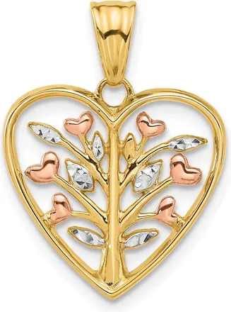 Diamond2Deal 14k Yellow Gold Rose-plated and White Rhodium Diamond-cut Tree in Heart Pendant