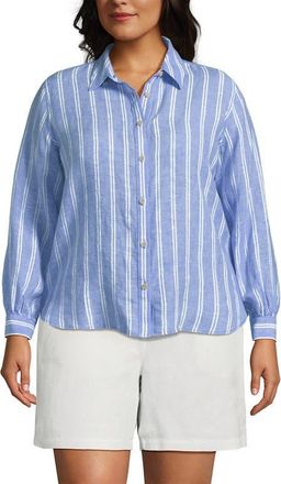 Lands End Linen Long Sleeve Feminine Shirt in Clear Blue Sky Double Stripe at Nordstrom, Size 1X
