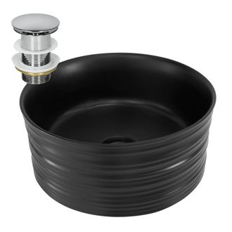 ML Design Lavabo negro redondo lavamanos cer&aacute;mica con desag&uuml;e cromado
