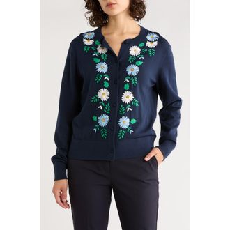Brooks Brothers Floral Embroidered Cotton Cardigan in Navy Emb. Flowers at Nordstrom Rack, Size X-Large