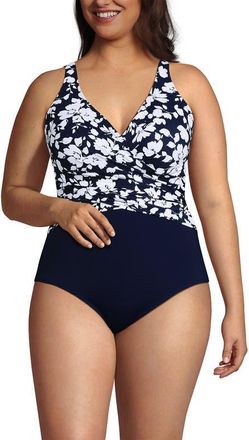 Lands End SlenderSuit Wrap One Piece Swimsuit in Navy Blossom Floral at Nordstrom, Size 16W