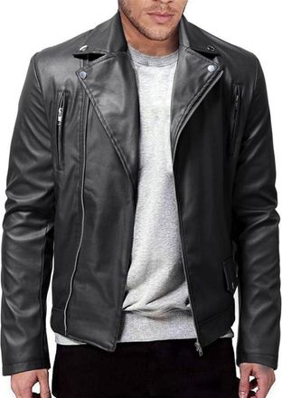 Generic Leather Jackets for Men Motorcycle Bomber Jacket Lapel Asymmetric Zip-Up Biker Coat Casual Slim Fit Windproof Warm Coats Vintage Windbreaker Faux Leat