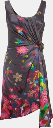 Versace Grey Floral Print Silk Draped Mini Dress