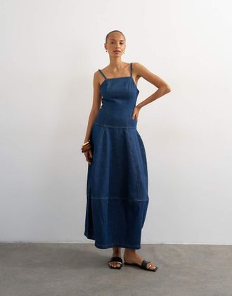 Topshop Vestito lungo bombato in denim indaco risciacquato-Blu