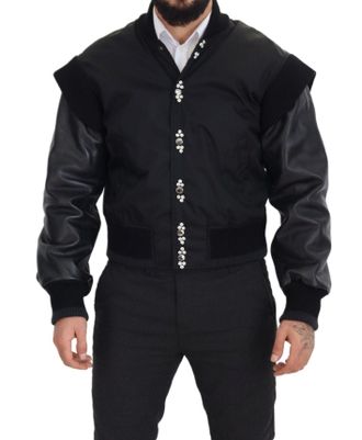 Dolce & Gabbana Mens Black Nylon Crystals Coat Buttons Jacket Clothing