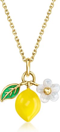 RS Pure by Ross-Simons Multicolored Enamel Lemon and Mother-Of-Pearl Flower Charm Necklace in 18kt Gold Over Sterling