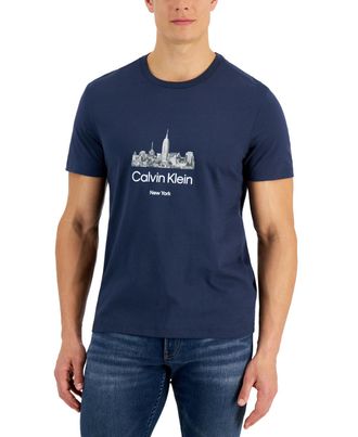 Calvin Klein Mens NYC Skyline Logo Crewneck T-Shirt - Blue, Small