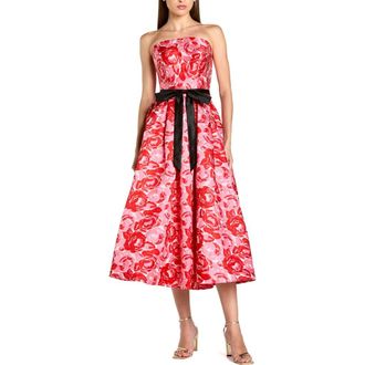 Mac Duggal Brocade Strapless A Line Midi Dress With Satin Bow in Red Multi at Nordstrom, Size 14