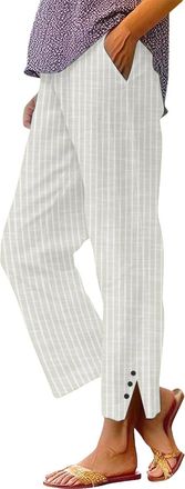 Generic Ladies Straight Leg Trousers, Striped Linen Trousers Womens Retro Striped Loose Palazzo Lounge Elasticated Waist Cropped Pants Lightweight Casual Patc