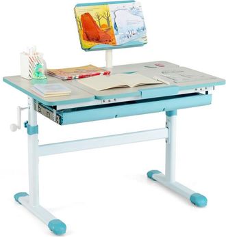 Costway Costway - Scrivania per Bambini, Tavolo per Studenti con Regolabile in Altezza, con Piano Ribaltabile, Libreria, Cassetti e Righello di Misurazione