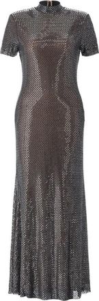 Self Portrait Rhinestone Mesh Midi Jurk - Dames - Avondkleed - Grijs - L - Polyester - Kleedjes