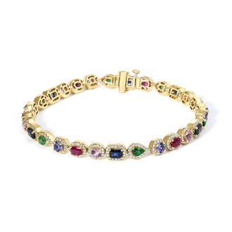 House of Brilliance 14K Yellow Gold Multi-Gemstone and Diamond Halo Rainbow Tennis Bracelet