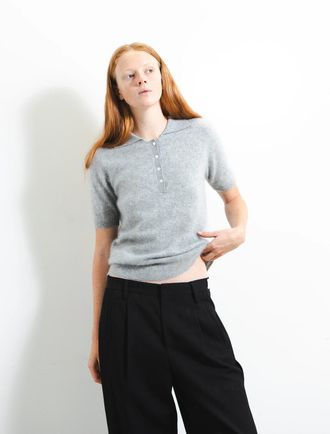 Pure Cashmere Brushed Polo Short Sleeve Top In Grey Pearl