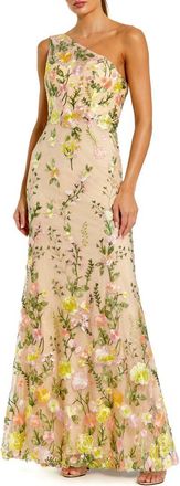 Mac Duggal Petite One Shoulder Lace Embroidered Gown in Yellow Multi at Nordstrom, Size 10P