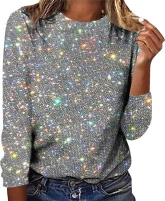 Generic Sequin Tops for Women Round Neck Solid Long Sleeve Pullover Jumpers Womens Sparkly Sweater Shimmer Shirt Glitter Top Sparkly Festival Party Blouses Sh