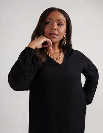 Live Unlimited London Womens Petite Black Lace Detail Long Sleeve Top - Size: 16