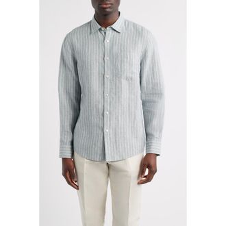 Nordstrom Pinstripe Linen Button-Up Shirt in Blue Spruce Cliff Stripe at Nordstrom, Size Xx-Large