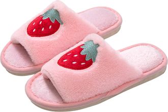 Generic Ladies Slippers Women Fuzzy Faux Memory Foam Flat Slide Open Toe Shoes With Strawberry Watermelon Fruit Embroidery For Home Use Womens House Slippers(