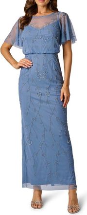 Adrianna Papell Beaded Mesh Blouson Gown in French Blue at Nordstrom, Size 12