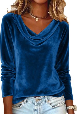 Generic Velvet Tops for Women UK Cowl Neck Pleated Long Sleeve Elegant Blouses Ladies Casual Dressy Shirts Fall Winter Solid Color Tunic Top Work Office Going