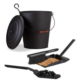 Relaxdays 3x Accessori Da Camino, Secchio Con Coperchio, Paletta Raccogli Cenere, Scopetta, In Acciaio, 24 L, Con Manico, Nero