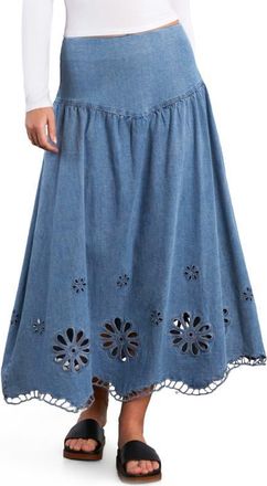 Wash Lab Denim Camellia Floral Cutout Denim Maxi Skirt in Dream Denim at Nordstrom, Size X-Small
