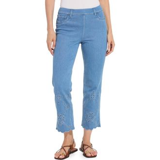 Lyss&eacute; Billie Eyelet Pull-On High Waist Crop Straight Leg Jeans in Bleached Blue at Nordstrom, Size X-Large