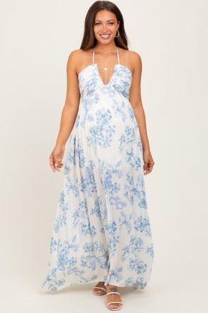 Pinkblush Blue Floral Tie-Back Halter Maxi Dress in Light Blue at Nordstrom, Size Medium