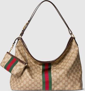 Gucci Large Shoulder Bag With Web, Beige, GG Canvas