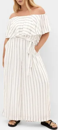 City Chic Emery Stripe Jumpsuit in Black Stripe at Nordstrom, Size 24W