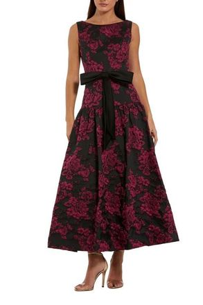 Mac Duggal Womens Brocade Drop Waist Midi Dress With Satin Bow in Magenta Multi at Nordstrom, Size 14