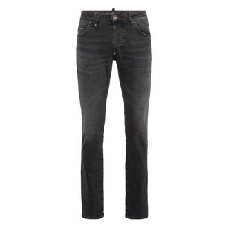 Philipp Plein Jeans, Heren, Zwart, W32, Katoen, Super Straight Cut Jeans met Monogram Badges