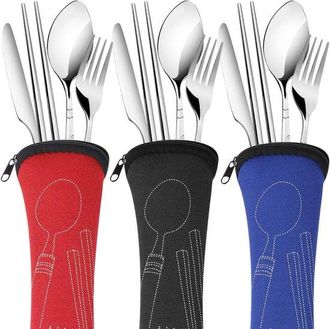 OEM Juego De Cubiertos Reutilizables De Acero Inoxidable De 12 Piezas (paquete De 3): Cuchillo, Tenedor, Cuchara Y Palillos, Port&aacute;til