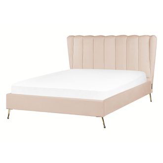 Beliani Cama Con Somier De Terciopelo Beige Dorado 140 X 200 Cm Metal Usb Cabecero Miribel