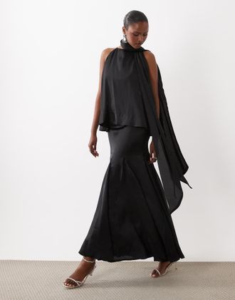 Asos Vestito lungo nero a strati con spalline sottili e foulard-Multi