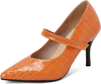 Generic Womens Stiletto High Heel Dress Pumps Pointed Toe PU Leather Mary Janes Slip on Party Prom Shoes,Orange,7.5 UK